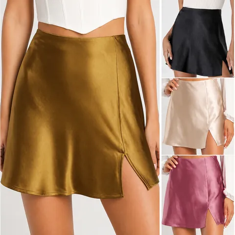 Mini-jupe en Satin à Taille Haute pour Femmes Jupe Trapèze Sexy Avec Fente Latérale Couleur Unie Jupe en Satin de Polyester