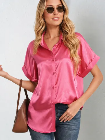 Women Satin Button Down Shirt Polyester Silk-Like Glossy Short Sleeve Loose Fit Summer Daily Commute Casual Fashion Top