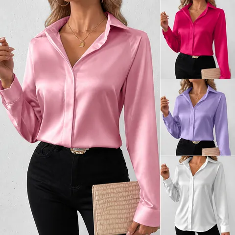 Women Casual Satin Long Sleeve Shirt Silk-Like Blouse Solid Color Lapel Single Breasted Top Office Elegant Clothes