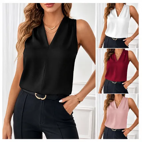 Women V-Neck Satin Sleeveless Tank Top Solid Color Loose Commuter Fashion Vest Top