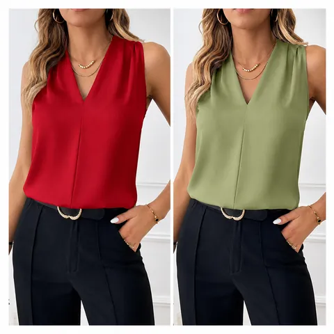 Women V-Neck Satin Sleeveless Tank Top Solid Color Loose Commuter Fashion Vest Top
