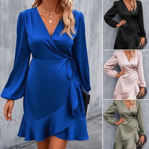 Women Elegant Satin V-Neck Midi Dress Long Sleeve Wrap Tie Waist Ruffle Hem Solid Color Polyester Summer Party Cocktail Dress