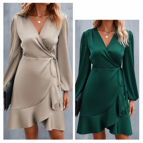 Women Elegant Satin V-Neck Midi Dress Long Sleeve Wrap Tie Waist Ruffle Hem Solid Color Polyester Summer Party Cocktail Dress