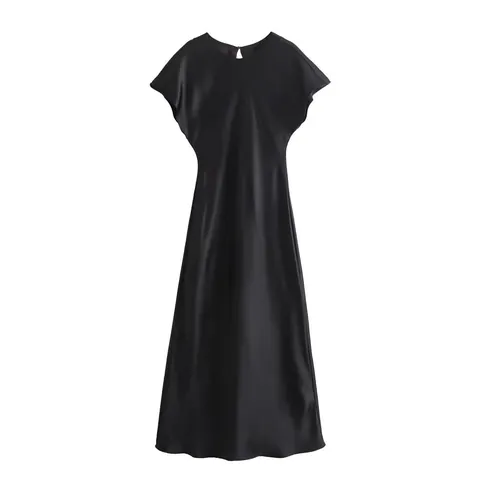 Vestido Midi Elegante con Textura de Satén para Mujer Sin Mangas Cuello Redondo Color Sólido Streetwear Casual Largo