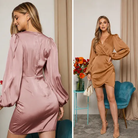 Robe Élégante en Satin Col en V pour Femmes Coupe Slim Manches Longues Mini Robe Patchwork Style Urbain Couleur Unie Fête
