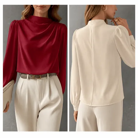Women Elegant Satin Blouse Pleated Mock Neck Long Sleeve Pullover Solid Color Office Lady Fashion Commute Top Shirts