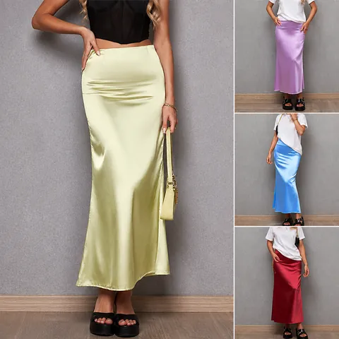 Women Satin Midi Skirt Elegant High Waist Mermaid Hem Solid Color Polyester Pencil Skirt For Summer Daily Commuter Bottom
