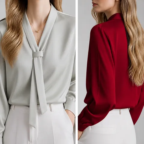 Women V Neck Bow Streamer Long Sleeve Satin Shirt Elegant Polyester Solid Color Office Commuter Blouse Casual Elegant Top
