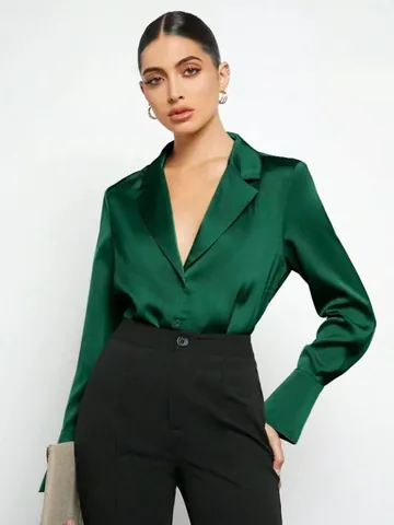 Chemisier Élégant en Satin à Manches Longues pour Femmes Chemise Minimaliste à Boutons Haut de Bureau Décontracté en Polyester
