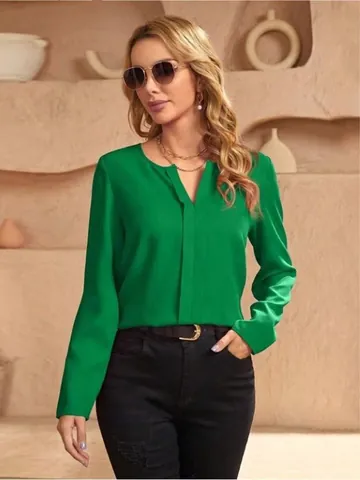 Women's Elegant Satin V-Neck Blouse Silk-Like Polyester Long Sleeve Solid Color Pullover Top Office Lady Casual Shirt