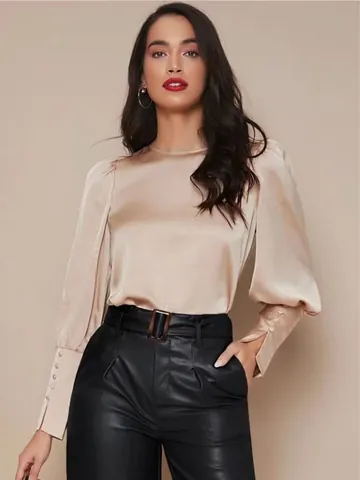 Blusa Elegante de Satén para Mujer Manga Linterna Cuello Redondo Color Sólido Poliéster Pulóver Top Blusa Casual Suelta Oficina Camisa