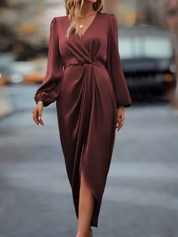 Women's Satin Lantern Sleeve Slit Maxi Dress Elegant V-Neck Irregular Hem Long Sleeve Evening Party Long Dress Summer Wear