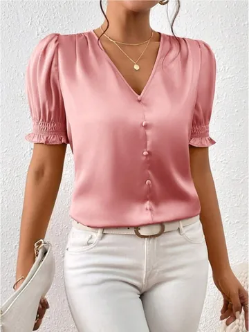 Women Elegant Satin Blouse V Neck Button Short Puff Sleeve Shirt French Casual Ruffle Cuff Polyester Top Solid Color