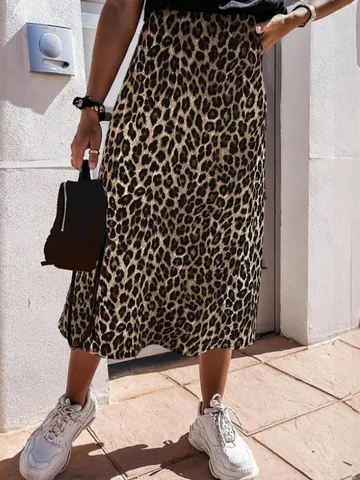 Dames Sexy Luipaardprint Satijnen Midi Rok Zomer Hoge Taille A-Lijn Lange Rok Mode Zijdeachtig Bedrukt Onderstuk