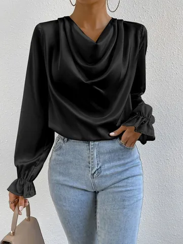 Women Elegant Satin Blouse Cowl Neck Long Sleeve Ruffle Cuff Loose Fit Solid Color Polyester Shirt Top Office Wear