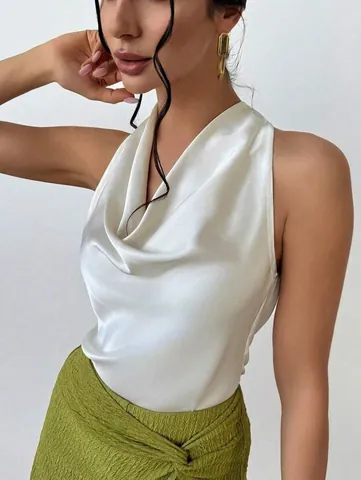 Blusa Sexy de Satén sin Mangas con Cuello Draped para Mujer Lazo en Espalda Top Elegante Camisa de Satén de Trabajo
