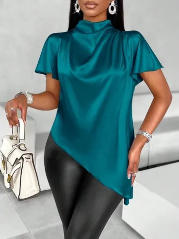 Elegant Women Satin Blouse Asymmetric Hem Mock Neck Short Sleeve Top Silky Polyester Office Ladies Summer Shirts