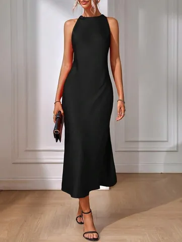 Women European American Style Satin Maxi Dress Halter Round Neck Sleeveless Side Slit Sexy Slim Fit Party Banquet Dress