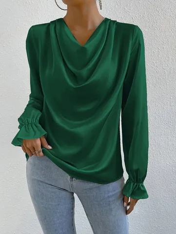Women Elegant Satin Blouse Cowl Neck Long Sleeve Ruffle Cuff Loose Fit Solid Color Polyester Shirt Top Office Wear