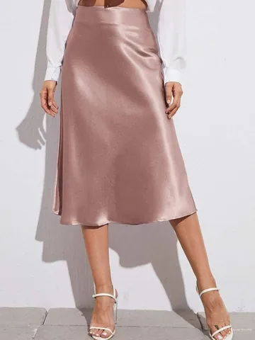 Dames Hoogwaardige Satijnen Midi-rok Elegante Zijdeachtige Splicing Effen Kleur A-lijn Rok Met Rits Voor Kantoor Dagelijkse Mode