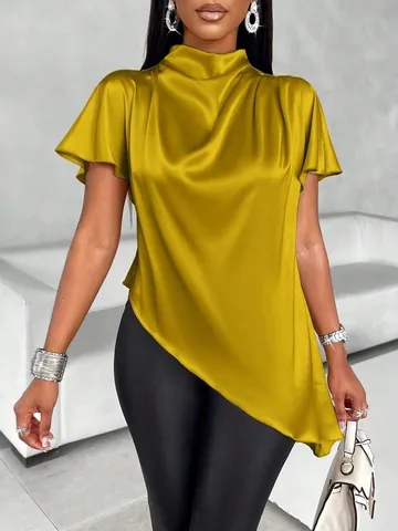 Elegant Women Satin Blouse Asymmetric Hem Mock Neck Short Sleeve Top Silky Polyester Office Ladies Summer Shirts