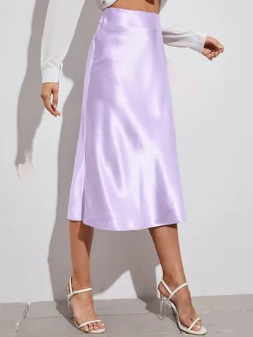 Dames Hoogwaardige Satijnen Midi-rok Elegante Zijdeachtige Splicing Effen Kleur A-lijn Rok Met Rits Voor Kantoor Dagelijkse Mode