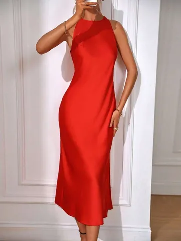 Women European American Style Satin Maxi Dress Halter Round Neck Sleeveless Side Slit Sexy Slim Fit Party Banquet Dress