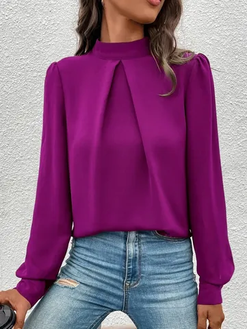 Damen Elegant Satin Langarm Mock Neck Bluse Einfarbig Locker Lässig Büro Arbeit Hemd Top Elegant Einfarbig Polyester Pullover Tops