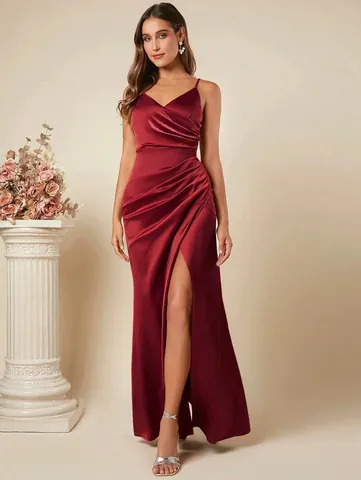 Elegante Satijnen Geplooide Maxi Jurk voor Dames Hoge Split Sexy Mouwloos V-hals Open Rug Feest Banket Jurk Top And Bottom