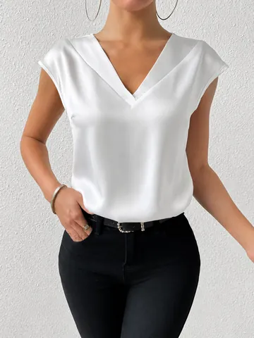 Women V Neck Satin Shirt Short Sleeve Casual Blouse Polyester Silky Party Top Elegant Solid Color Commuter Summer Clothing