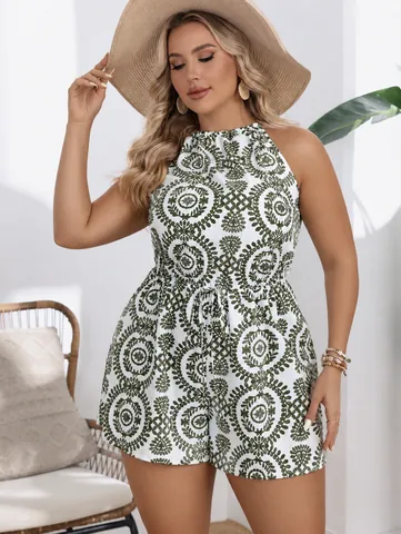 Women Plus Size Summer Halter Backless Romper Sleeveless Printed Loose Top And Bottom Jumpsuit Drawstring Casual Vacation Outfit