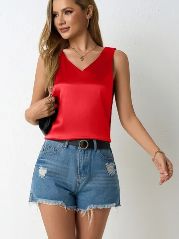 Women V Neck Satin Tank Top Sleeveless Cami Vest Casual Loose Commute Shirt Summer Fashion Solid Color Clothing Top