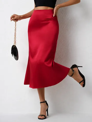 Women's Elegant Satin Mermaid Midi Skirt High Waist Silky Solid Color Bottom For Banquet Party Office Workwear Fashion Skirt