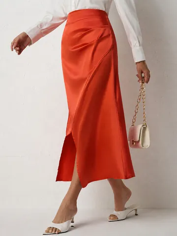 Women Elegant High Waist Satin Midi Skirt Ruched Western Style Sexy Side Split Bodycon Hip Skirt Silky Glossy Bottom For Party