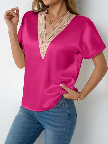 Women V-Neck Satin T-Shirt Lace Patchwork Loose Short Sleeve Top Elegant Commuter Solid Color Polyester Satin Blouse