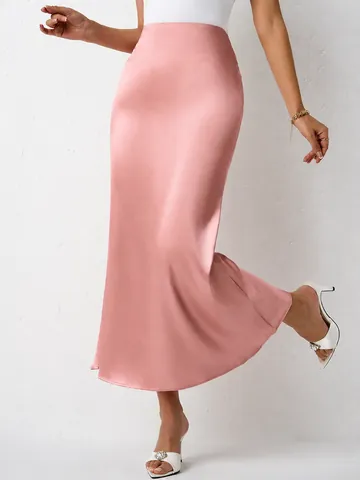 Women Elegant Satin Midi Skirt Solid Color Slim Fit Mermaid Fishtail Skirt Elegant Daily Office Casual Bottoms Fashion Skirt