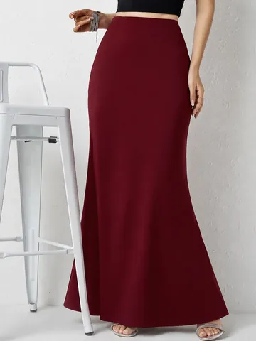 Women's Elegant High Waist Satin Maxi Skirt Commuter Solid Color Polyester Spandex Patchwork Long Skirt for Banquet Daily Wear