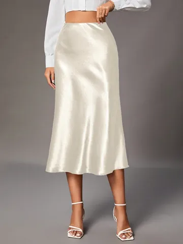 Women High Waist Satin Midi Skirt Elegant Simulation Silk Solid Color Bodycon Skirt Elegant Commute Office A-Line Bottoms
