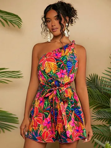 Women One Shoulder Romper Tropical Floral Print Sleeveless Summer Vacation Top And Bottom Casual Beach Jumpsuit With Belt
