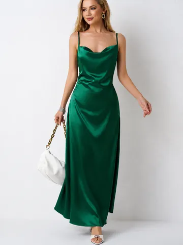 Robe Maxi en Satin Élégante pour Femmes avec Col Bénitier Sans Manches Bretelles Spaghetti Dos Nu Robe de Soirée