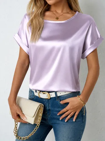 Women Elegant Satin Short Sleeve Shirt Crew Neck Loose Fit Satin Blouse Casual Plain Summer Top For Office Daily Wear Women Clothing