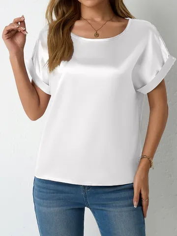 Women Elegant Satin Short Sleeve Shirt Crew Neck Loose Fit Satin Blouse Casual Plain Summer Top For Office Daily Wear Women Clothing