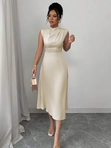 Women Elegant Satin Midi Dress Sleeveless Cowl Neck A-Line Pleated Summer Solid Color Splicing Style Pullover Fashion Garment
