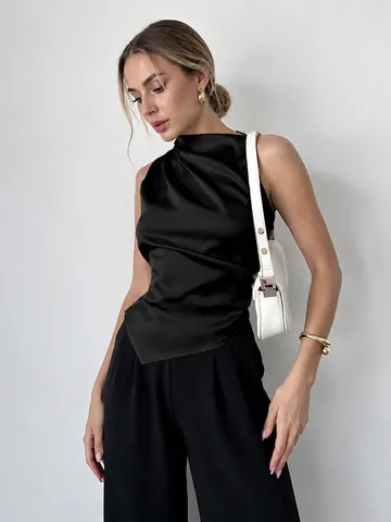 Women Sleeveless Satin Blouse Cowl Neck Polyester Top Elegant Commuter Shirt Summer Casual Solid Office Wear