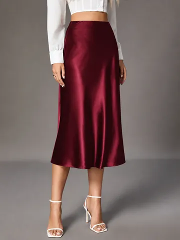 Women High Waist Satin Midi Skirt Elegant Simulation Silk Solid Color Bodycon Skirt Elegant Commute Office A-Line Bottoms