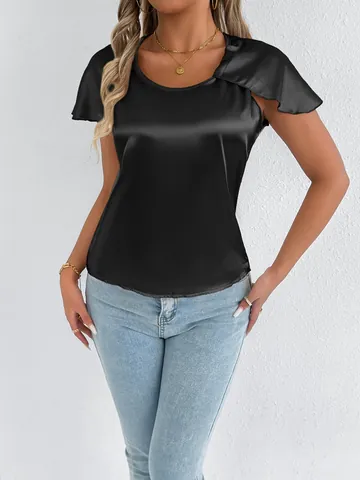 Women Elegant Satin Short Sleeve T-Shirt Round Neck Ruffle Sleeve Faux Silk Top Casual Solid Color Commuter Blouse