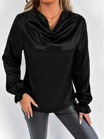 Women Cowl Neck Satin Shirt Elegant Long Sleeve Blouse Ruffle Cuffs Loose Fit Solid Color Silk-Like Top For Daily Office Work