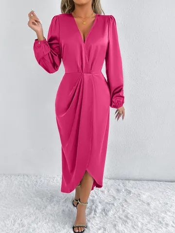 Women Elegant Satin Maxi Dress V Neck Long Sleeve Ruched Slit Wrap Evening Party Dress Solid Color Polyester Top And Bottom