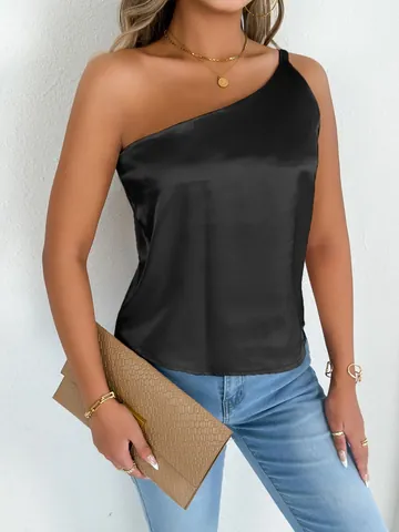 Women Summer Satin One Shoulder Tank Top Elegant Asymmetric Sleeveless Satin Cami Top Western Style Backless Top For Women