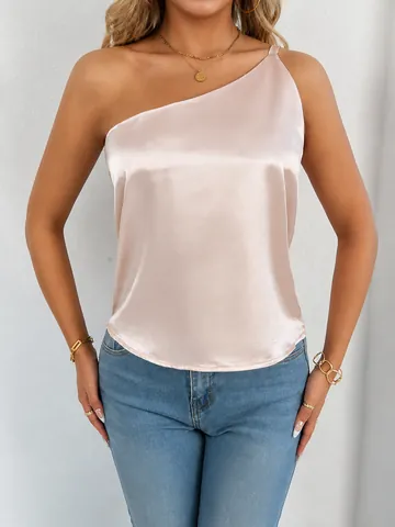Women Summer Satin One Shoulder Tank Top Elegant Asymmetric Sleeveless Satin Cami Top Western Style Backless Top For Women